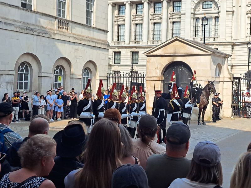 Travelers watching a ceremonial guard procession during an escorted tour