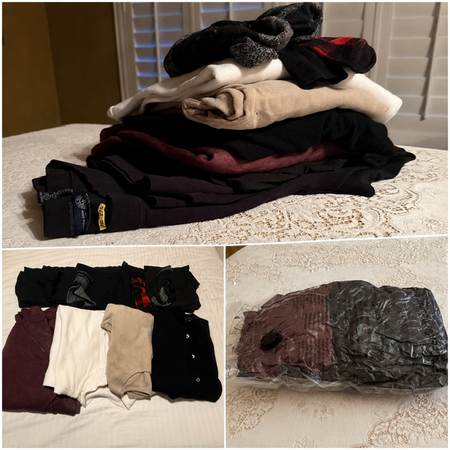 Clothing laid out and packed in a compression bag for a senior travel packing checklist.
