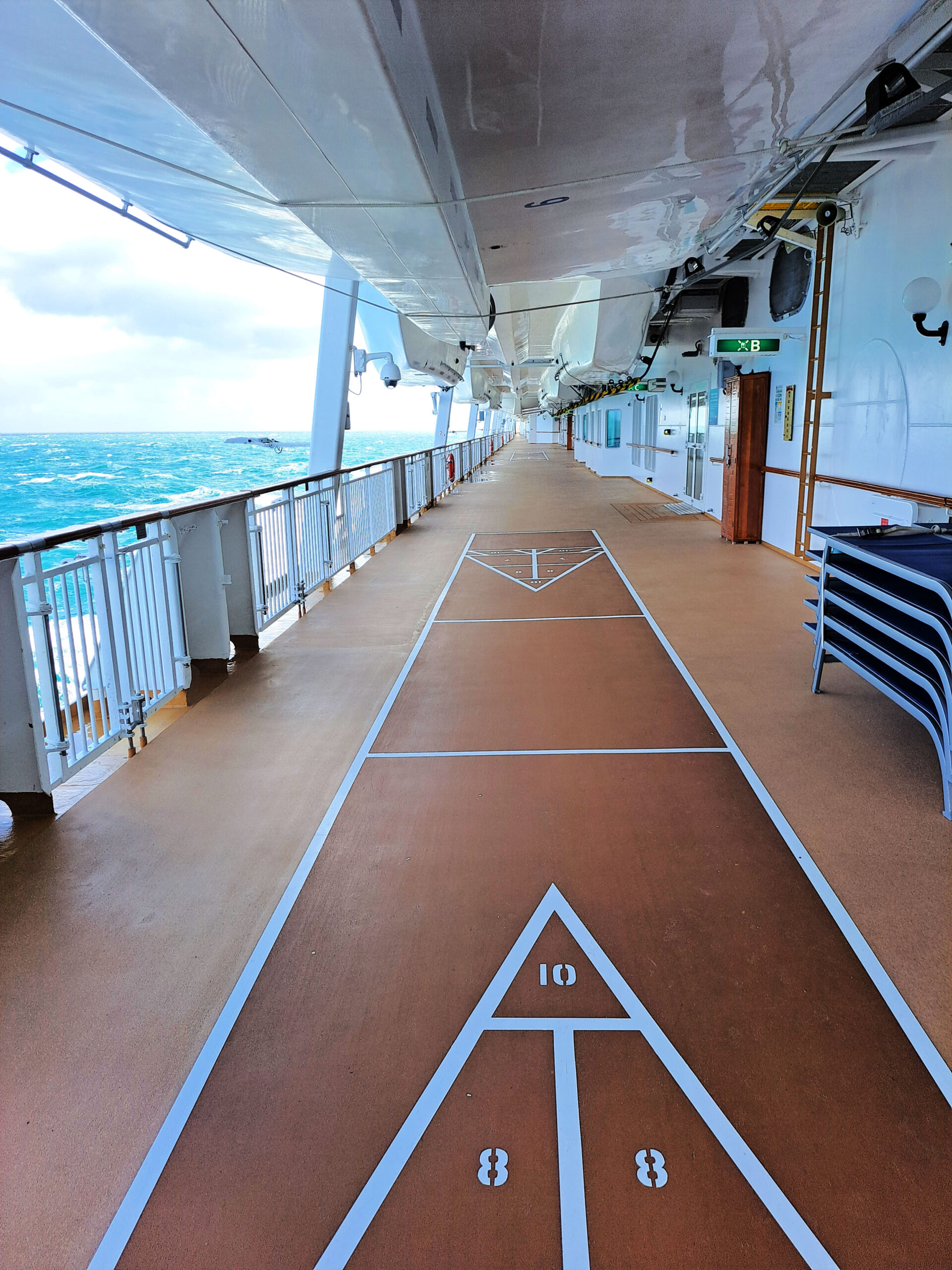 Covered promenade deck on a cruise ship overlooking the Atlantic Ocean during a sea day