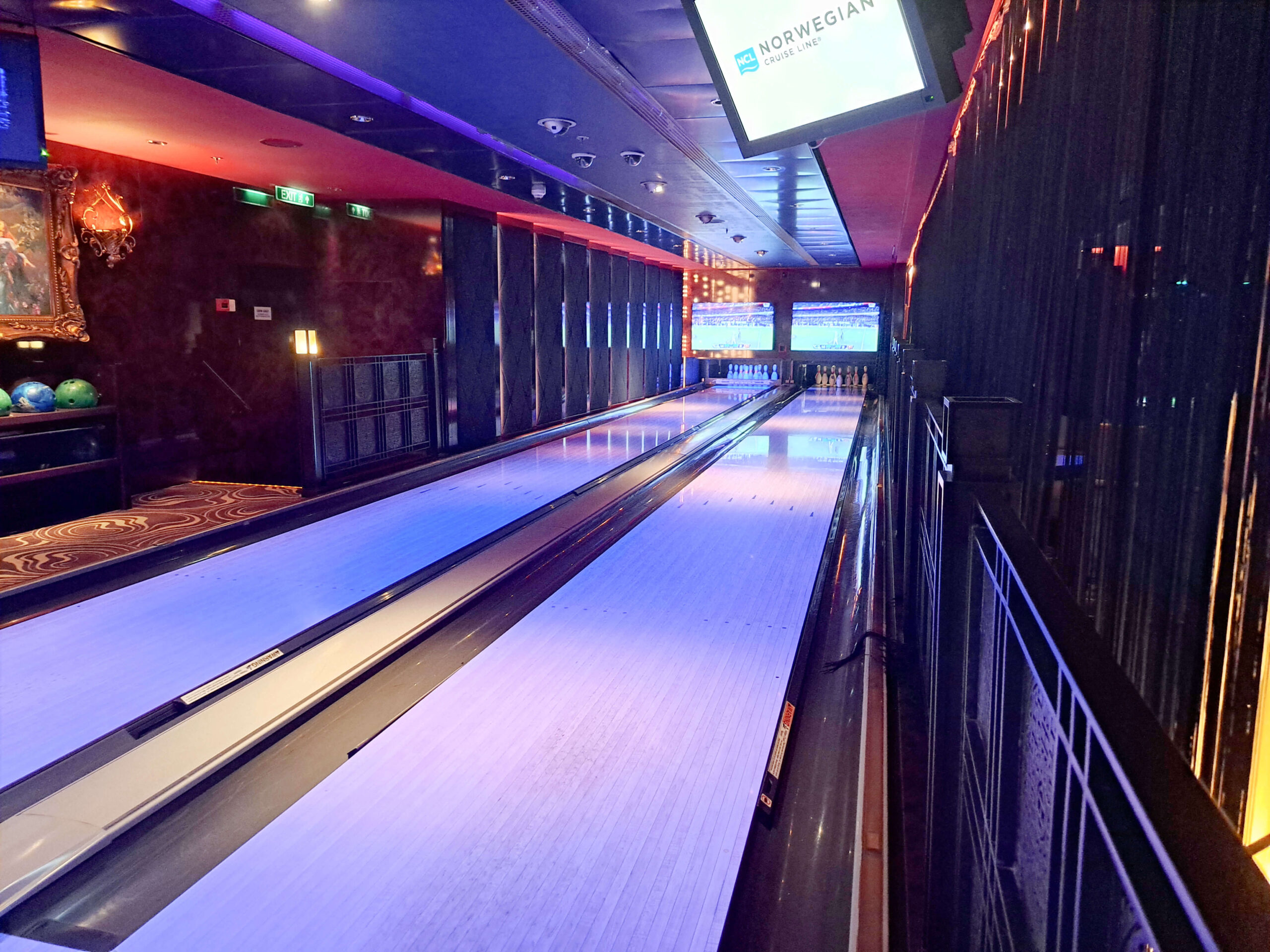Cruise ship bowling alley providing onboard entertainment for sea days